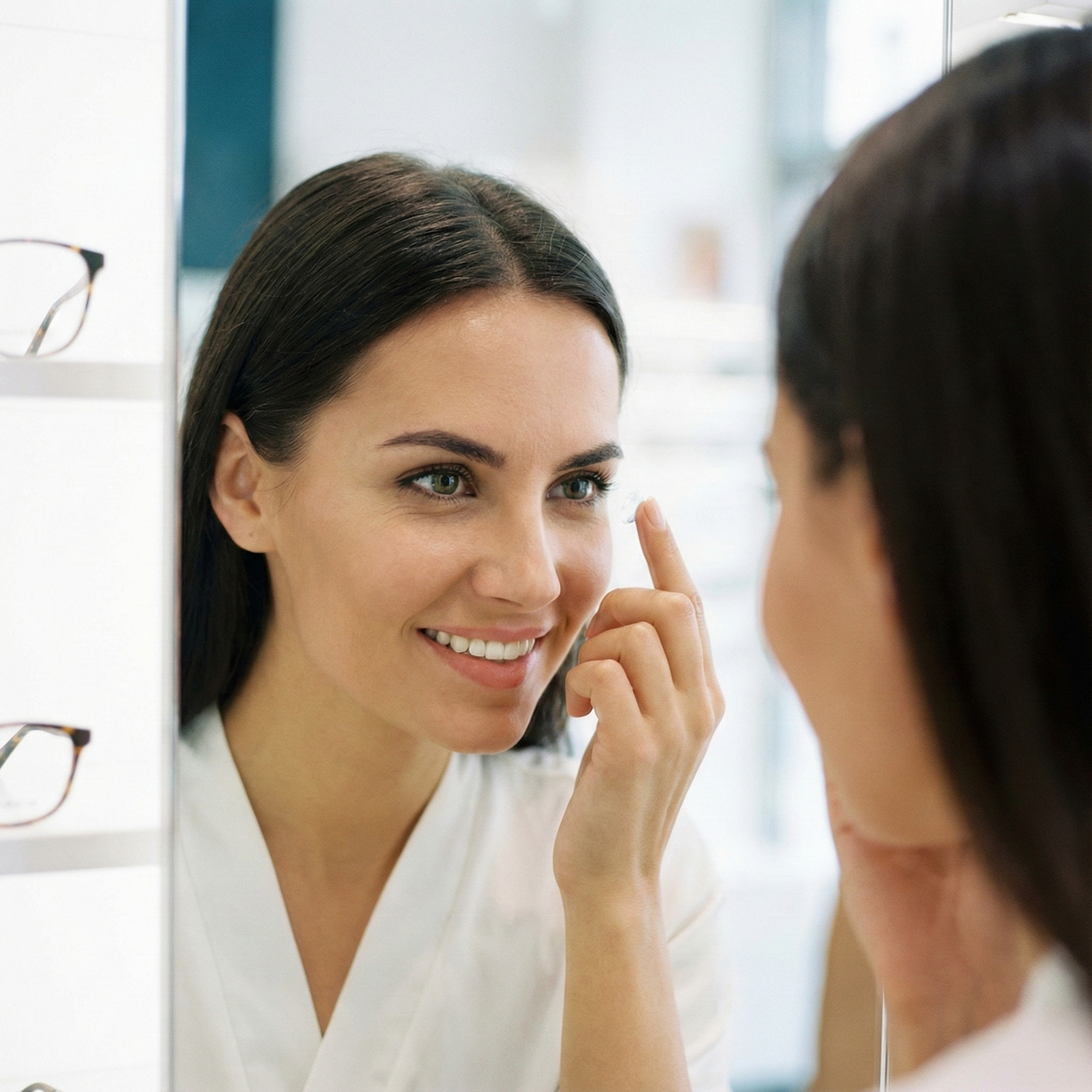 Mulher usando lentes de contato